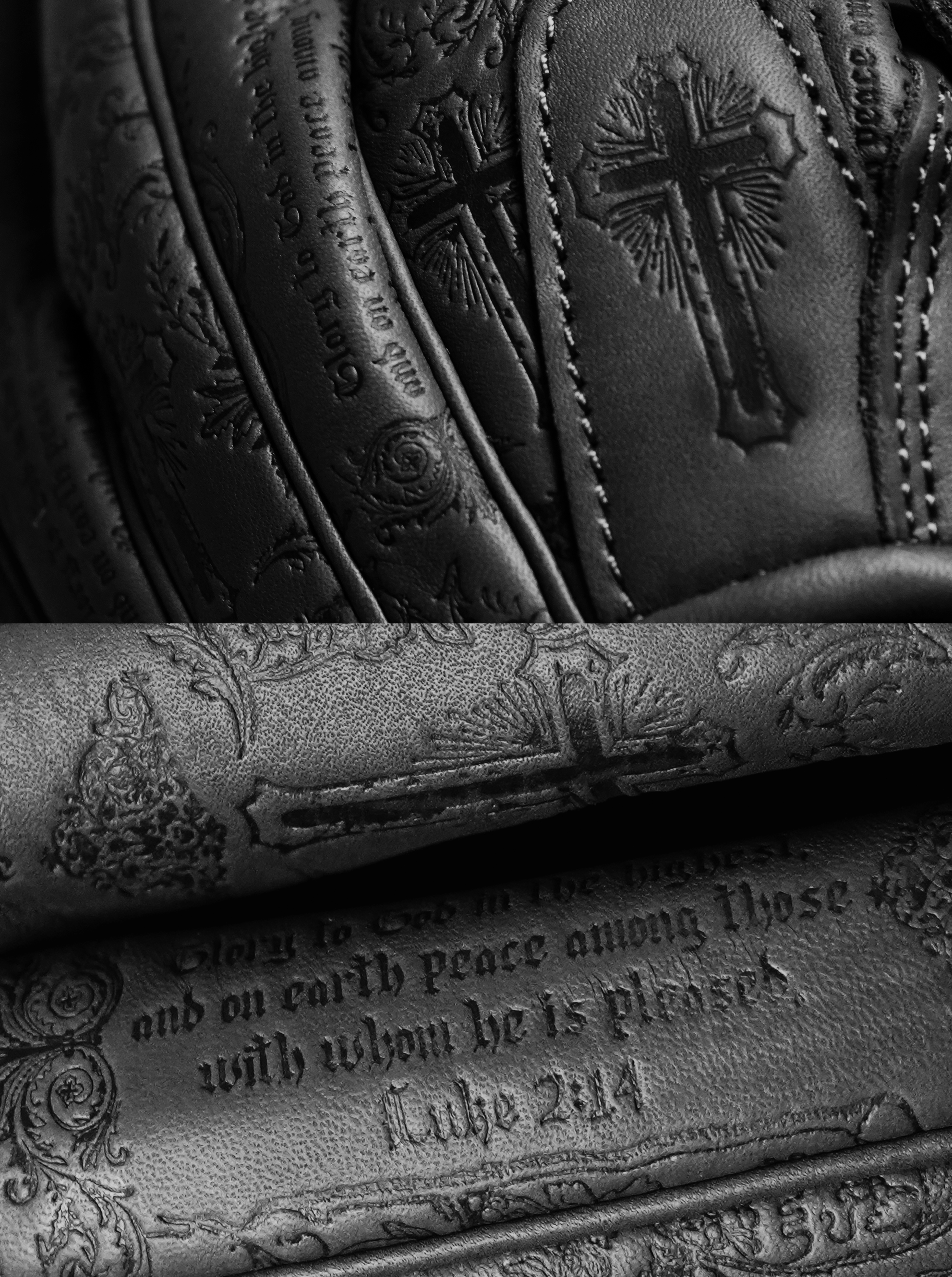 Two black-and-white, close-up images of a black leather VROBI