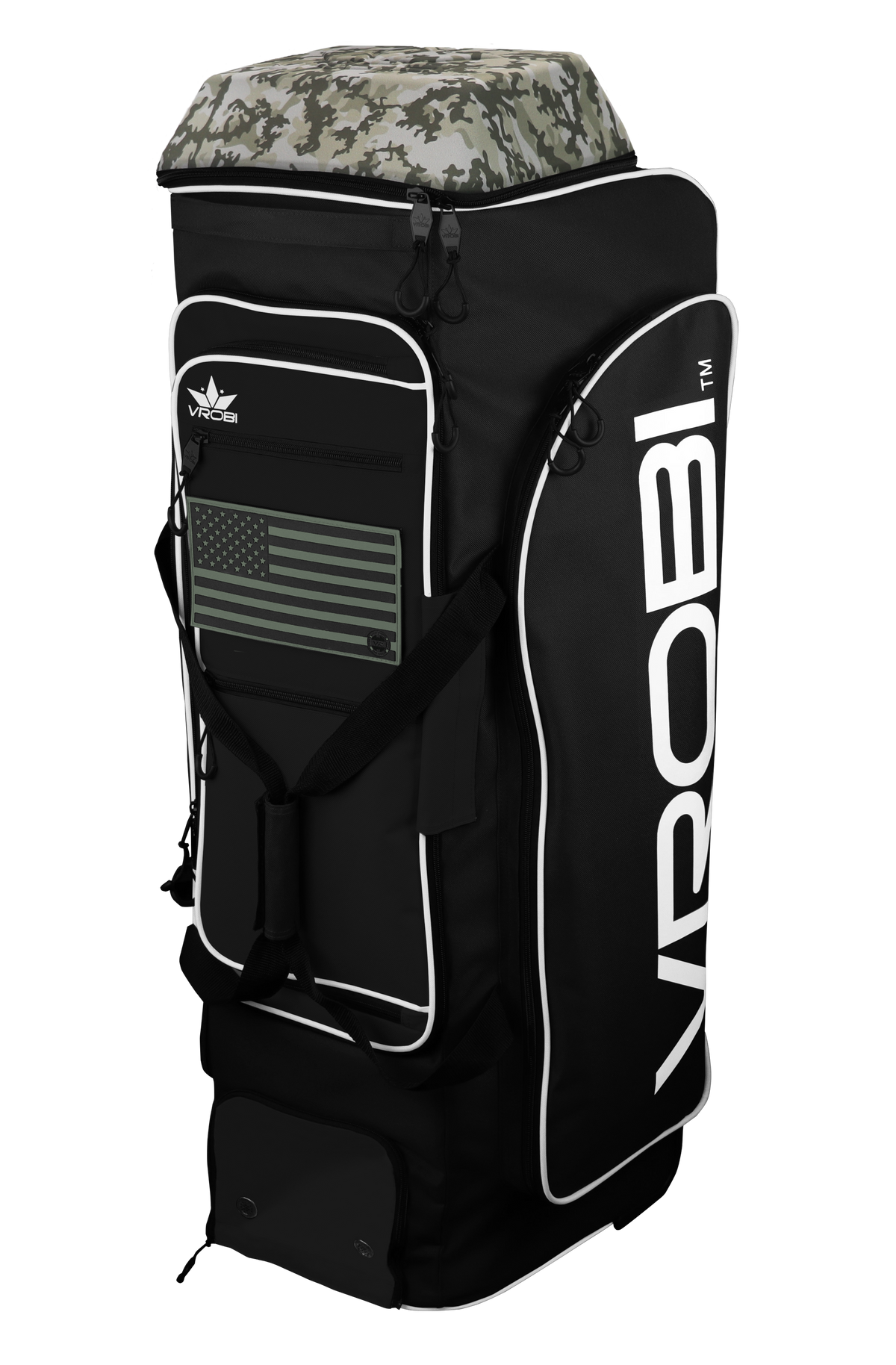 A Vrobi Black with Army Green flag Infantry Catchers bag with an Army Woodland Camo Lid