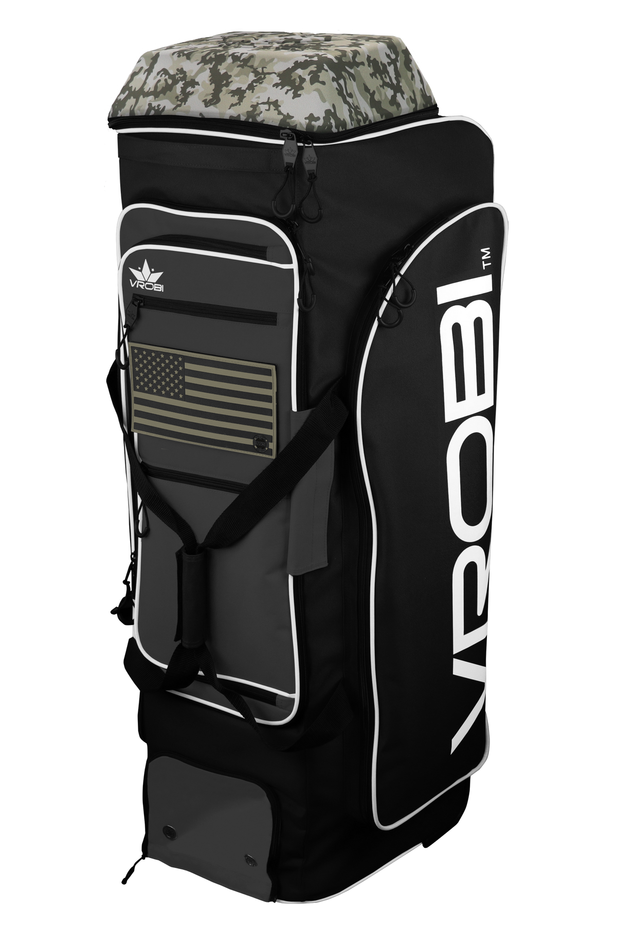 A Vrobi Black and Charcoal Infantry Catchers bag with an Army Green Flag and Army Woodland Camo Lid