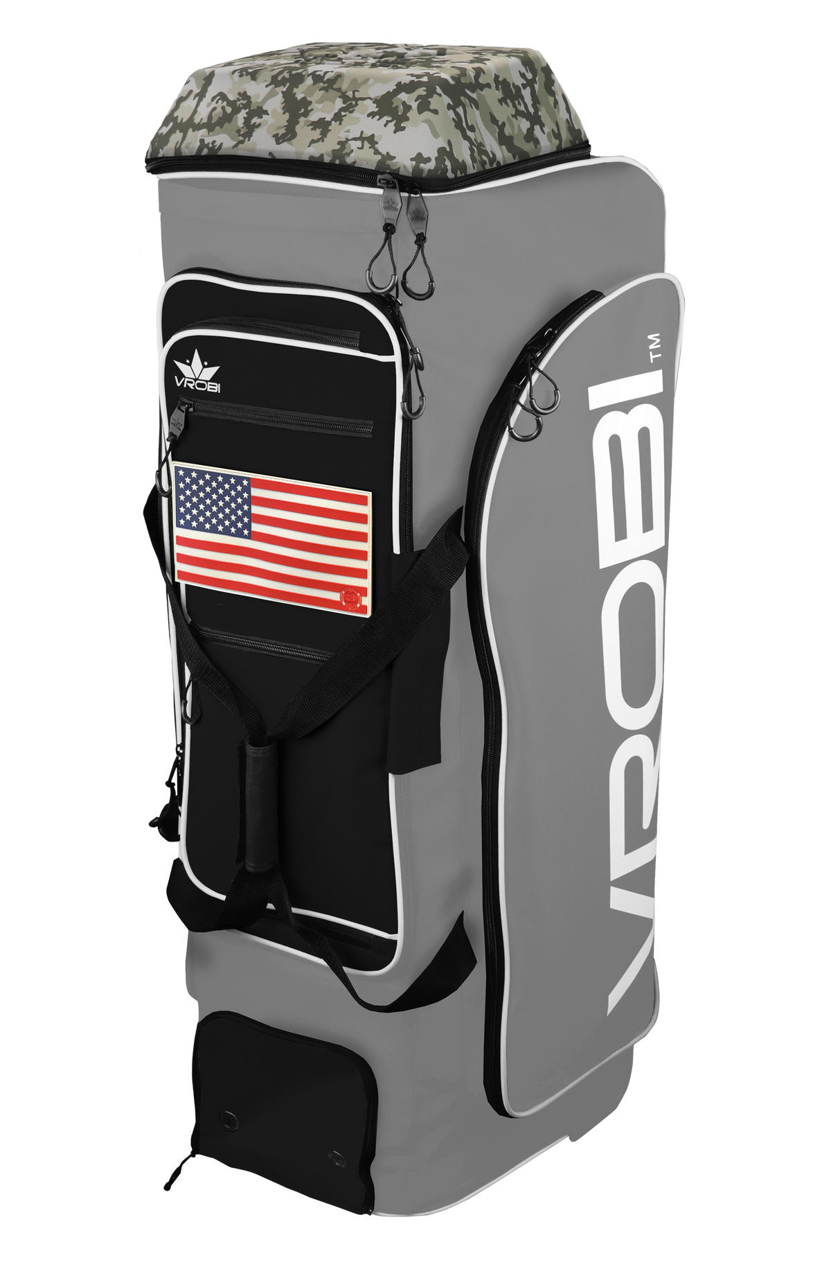 A Vrobi Grey and Black Infantry Catchers bag with a USA Flag and Army Woodland Camo Lid