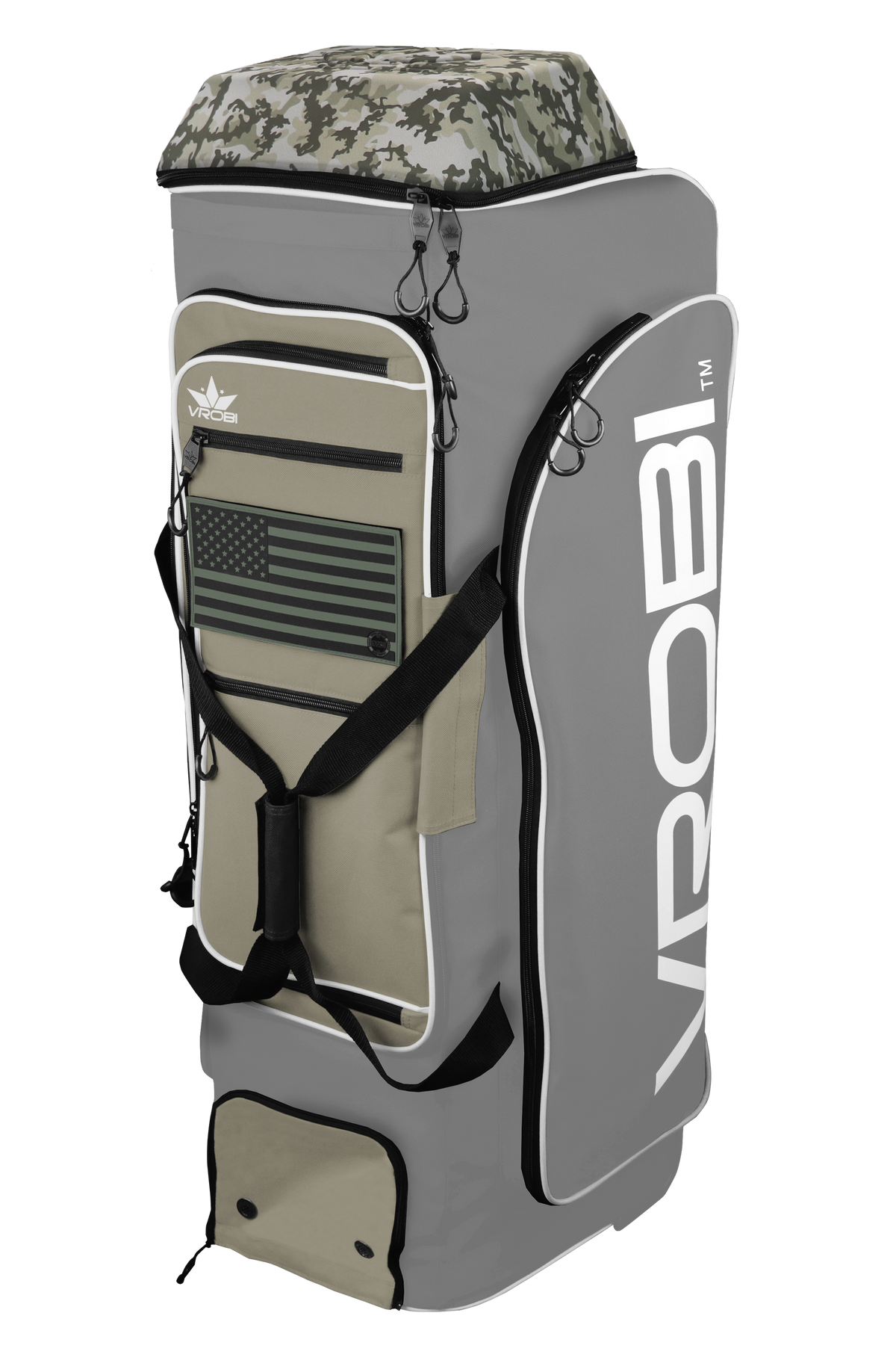 A Vrobi Grey and Vegas Gold Infantry Catchers bag with an Army Green Flag and Army Woodland Camo Lid