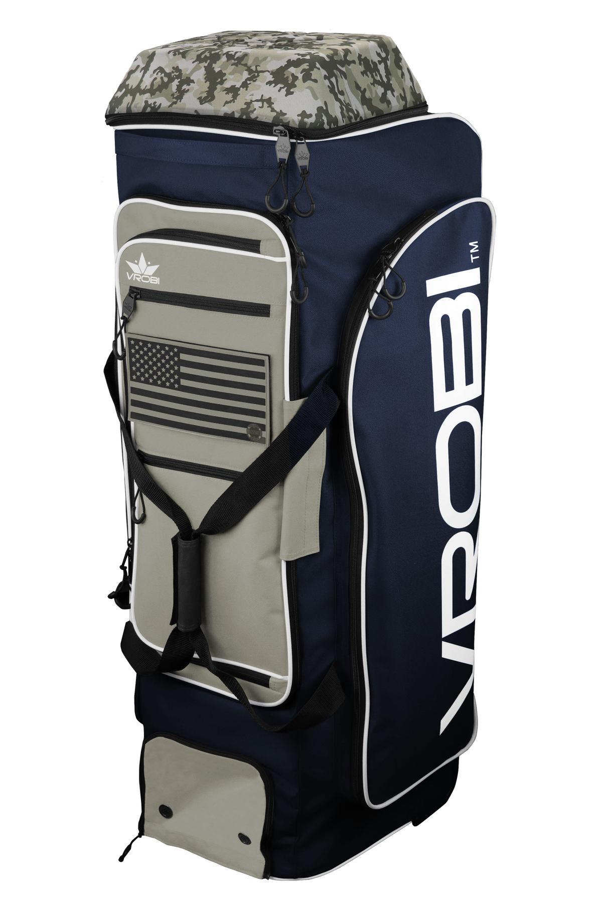 A Vrobi Navy and Vegas Gold Infantry Catchers bag with an Army Woodland Camo Lid