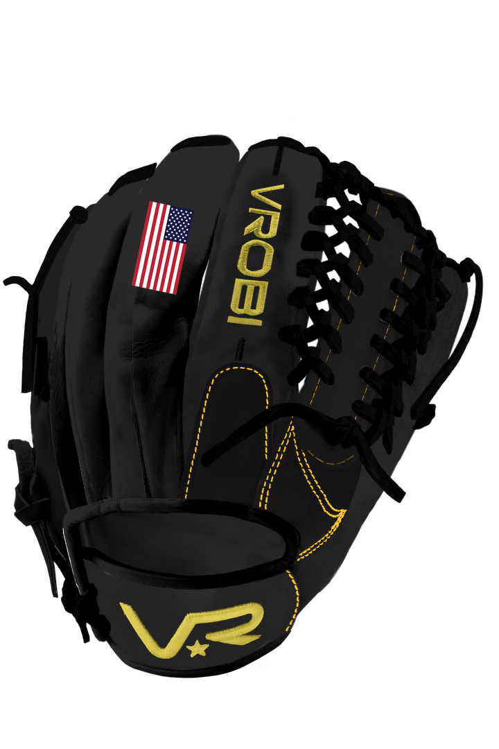 A custom Vrobi Black and Gold Baseball Glove with a T Web and Gold embroidery in cowhide leather