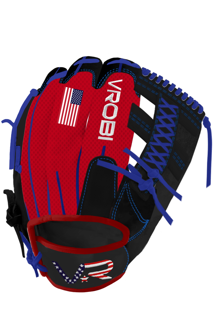A custom Vrobi Black and Royal Blue Baseball glove with Red mesh backing and Lace Post Web.