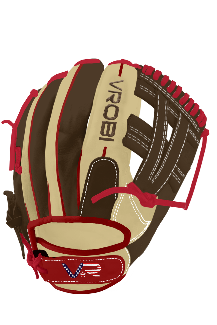 A custom Vrobi Brown, Tan, and Red Baseball Glove with a V Web and USA flag embroidery in Cowhide Leather