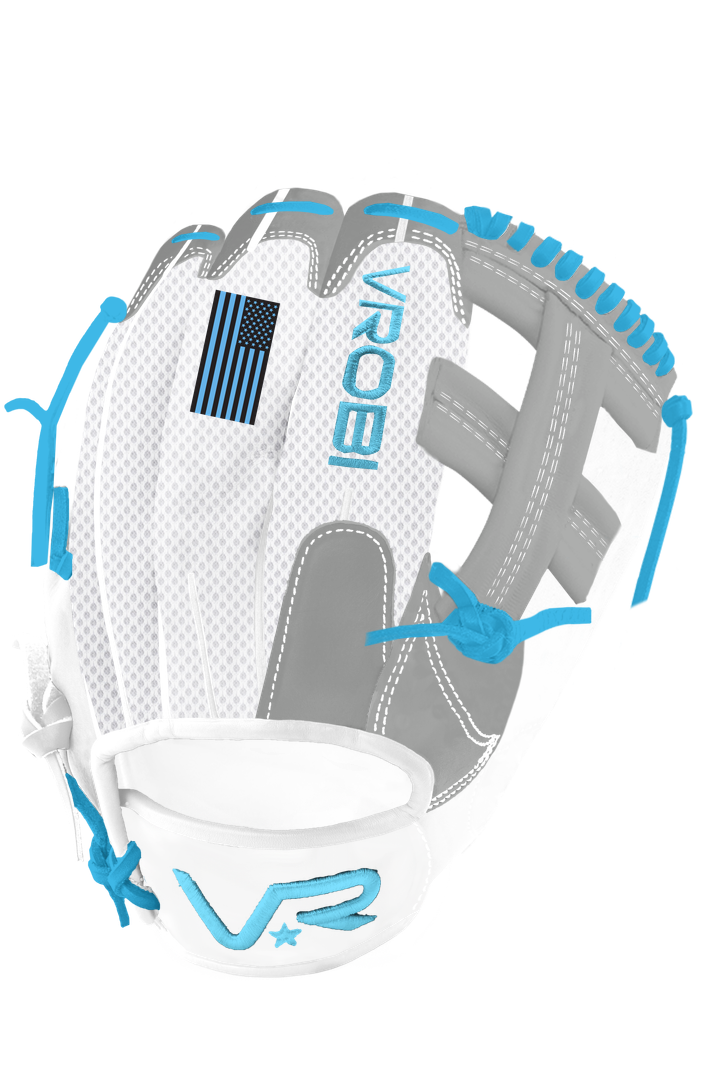 A custom Vrobi White and Grey Baseball glove with a white mesh backing and post web