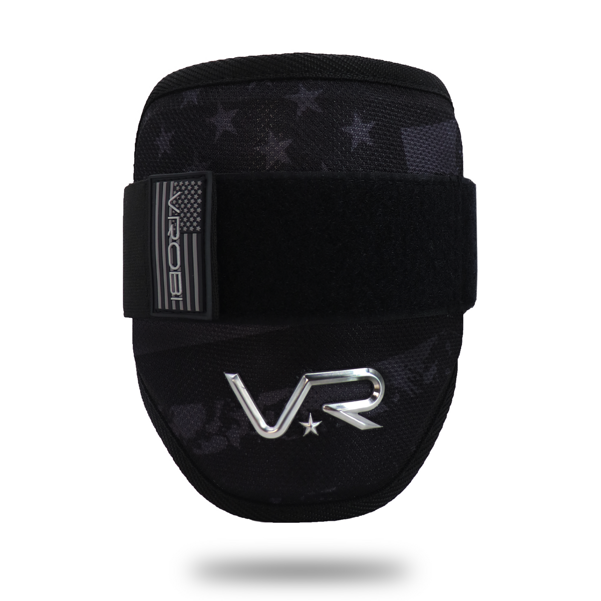 A Vrobi Black and Charcoal US Flag Baseball and Softball Elbow Guard with a chrome 3D logo.