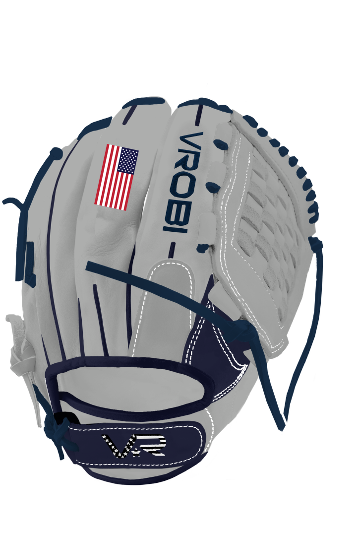 A VROBI Custom Grey and Navy Cowhide Baseball Glove with a basket web and USA Flag Embroidery