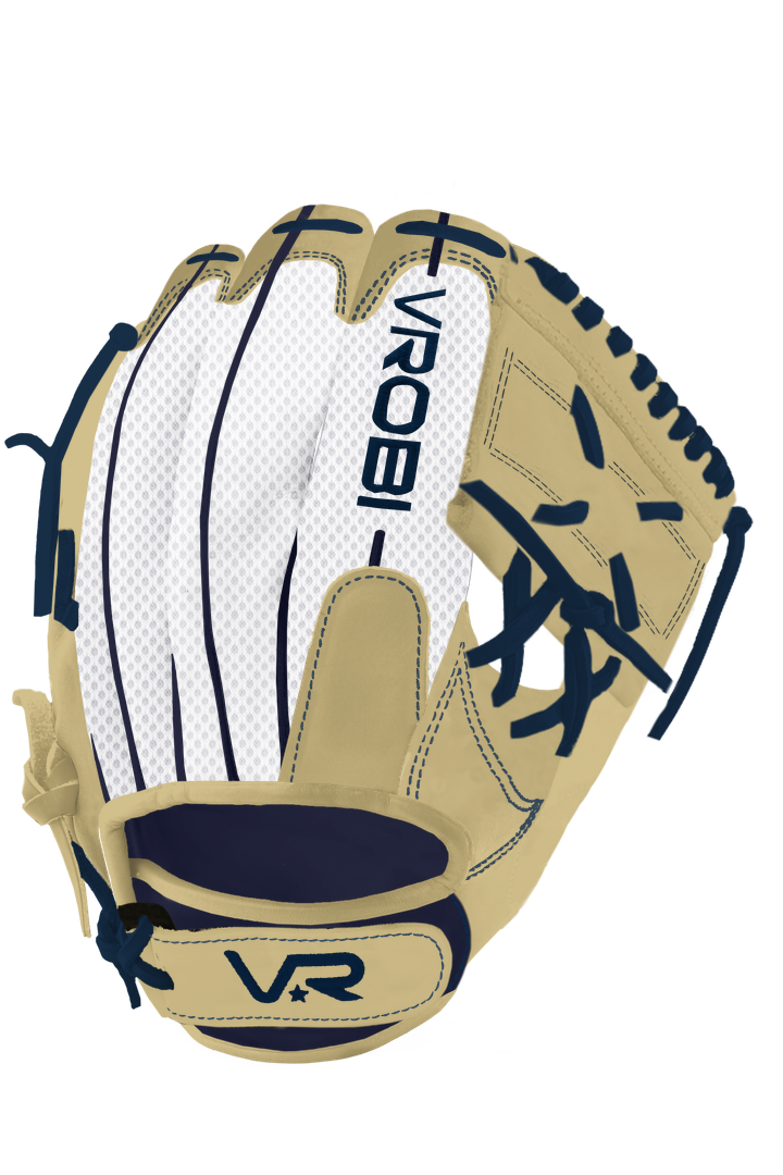 A Camel and Navy baseball infield glove with a white mesh backing.