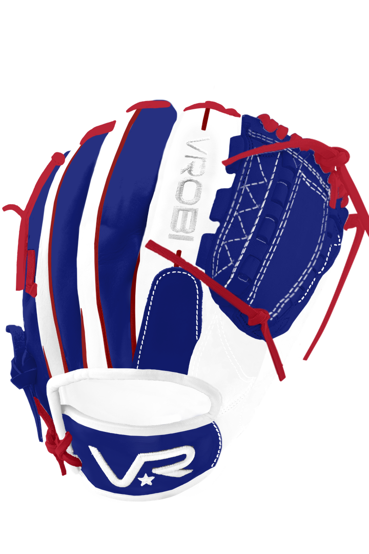 A Vrobi Royal Blue, Red and White Cowhide Baseball Glove with a Shield Web