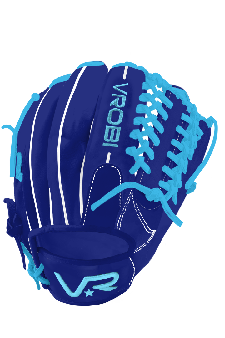 A Vrobi Custom Royal Blue and Sky Blue T Web Baseball Glove in Cowhide Leather