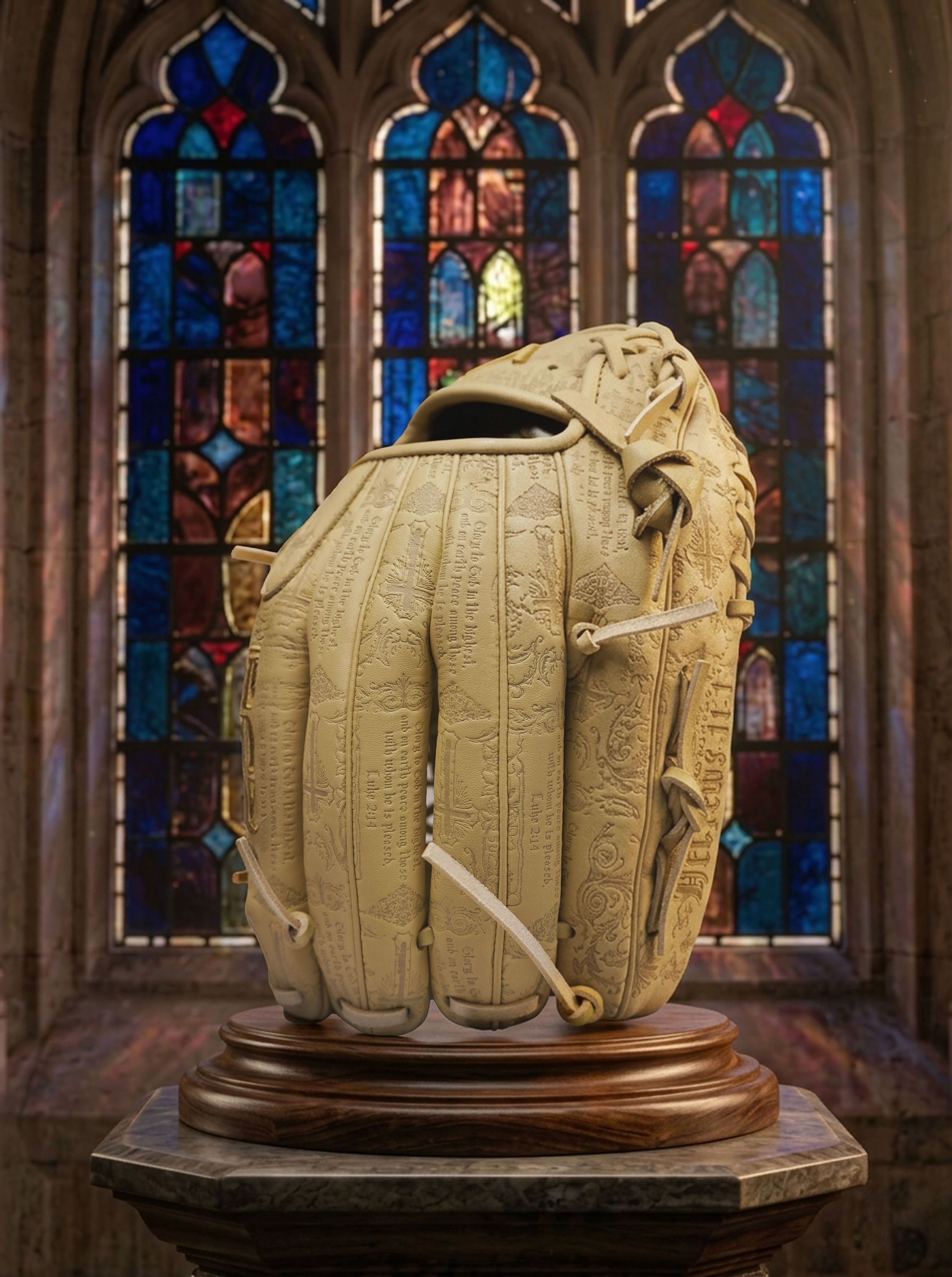 A tan leather VROBI baseball glove rests on a tiered wooden and marble pedestal, positioned in front of a tall, arched stained-glass window in a cathedral setting. The glove is uniquely covered in intricate, laser-etched biblical scripture and religious illustrations.
The text