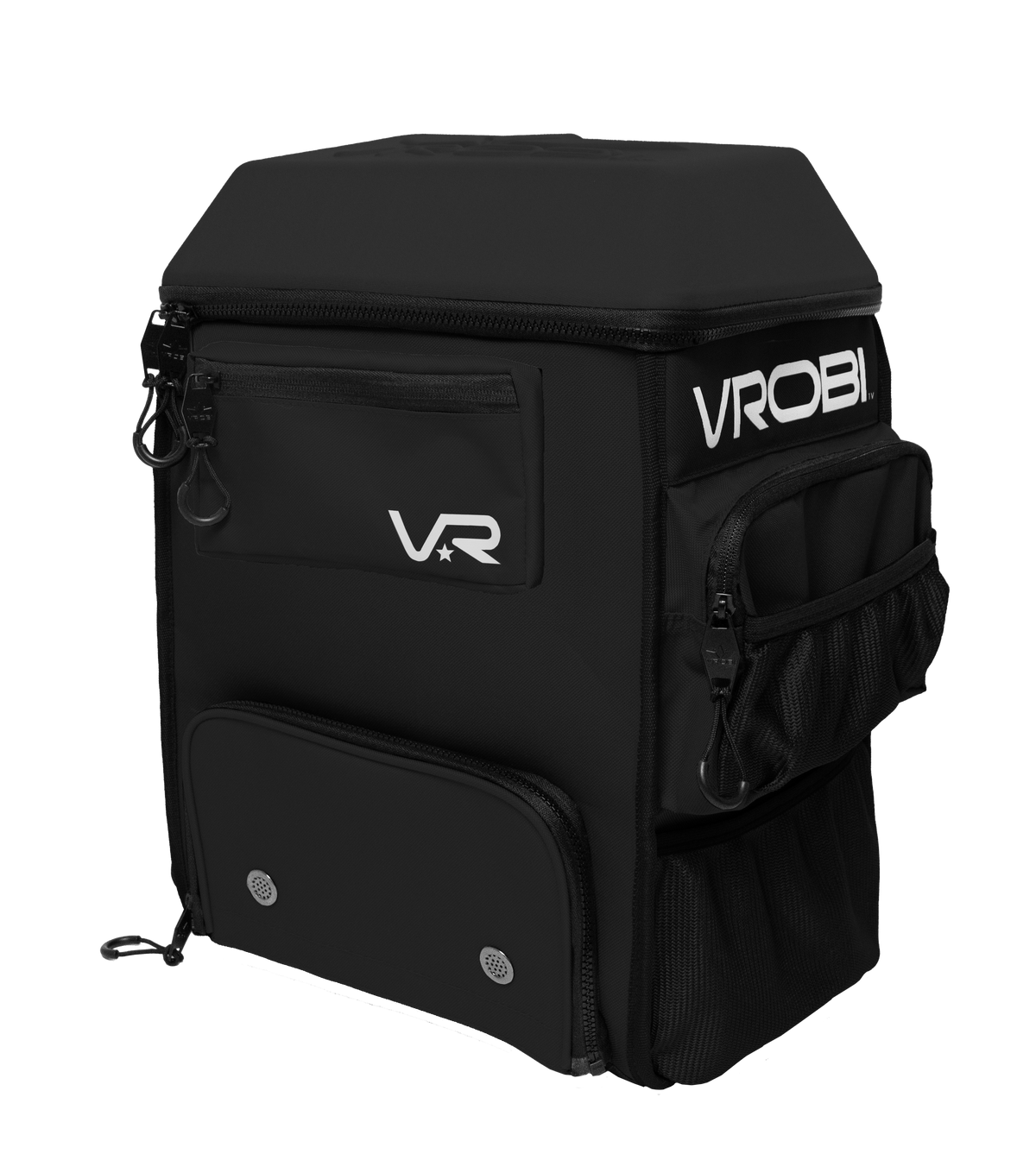 Black backpack with VR logo on a white background