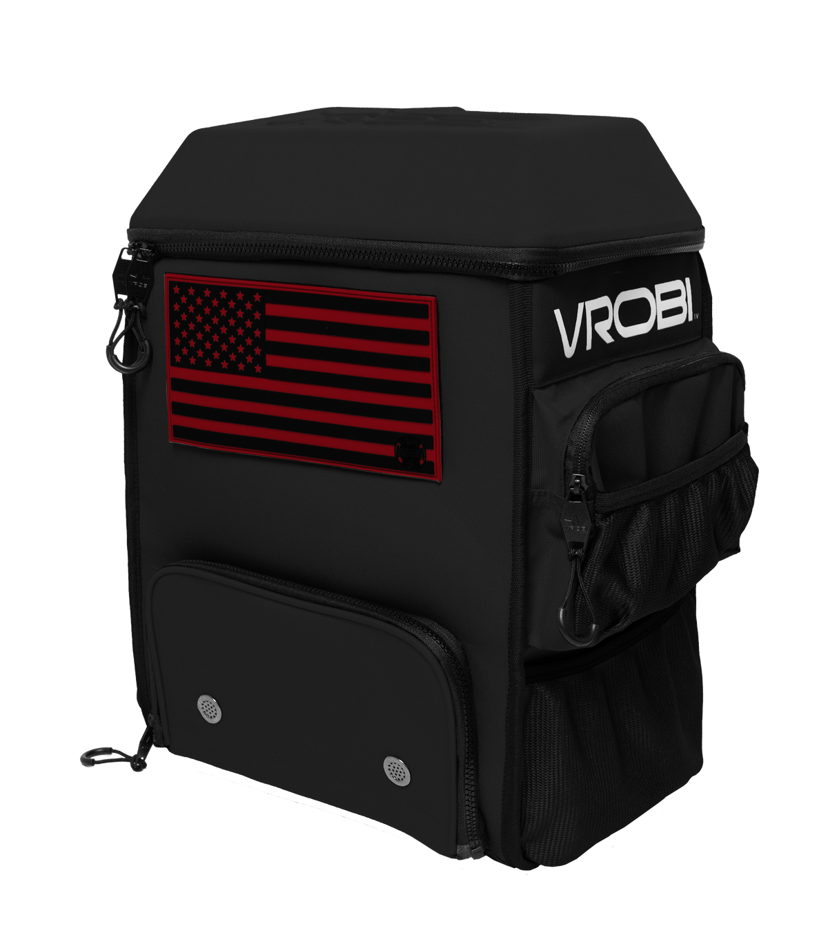 Black backpack with American flag patch and 'VROBI' branding on a white background