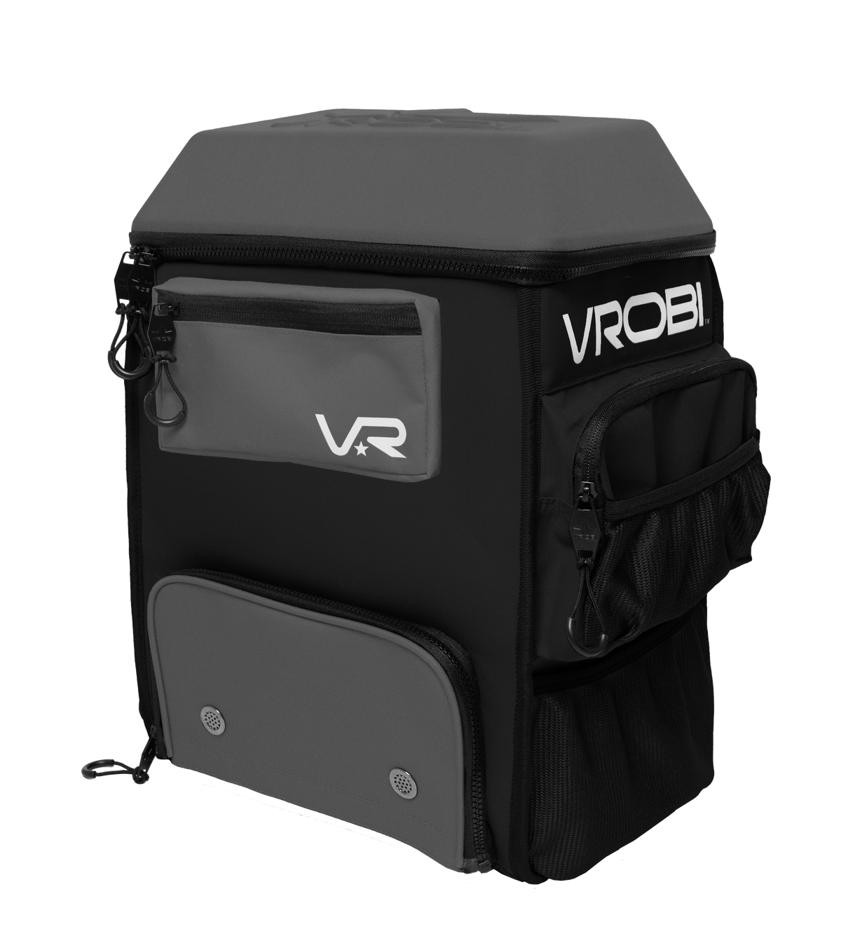 Black and gray backpack with 'VROBI' branding on a white background
