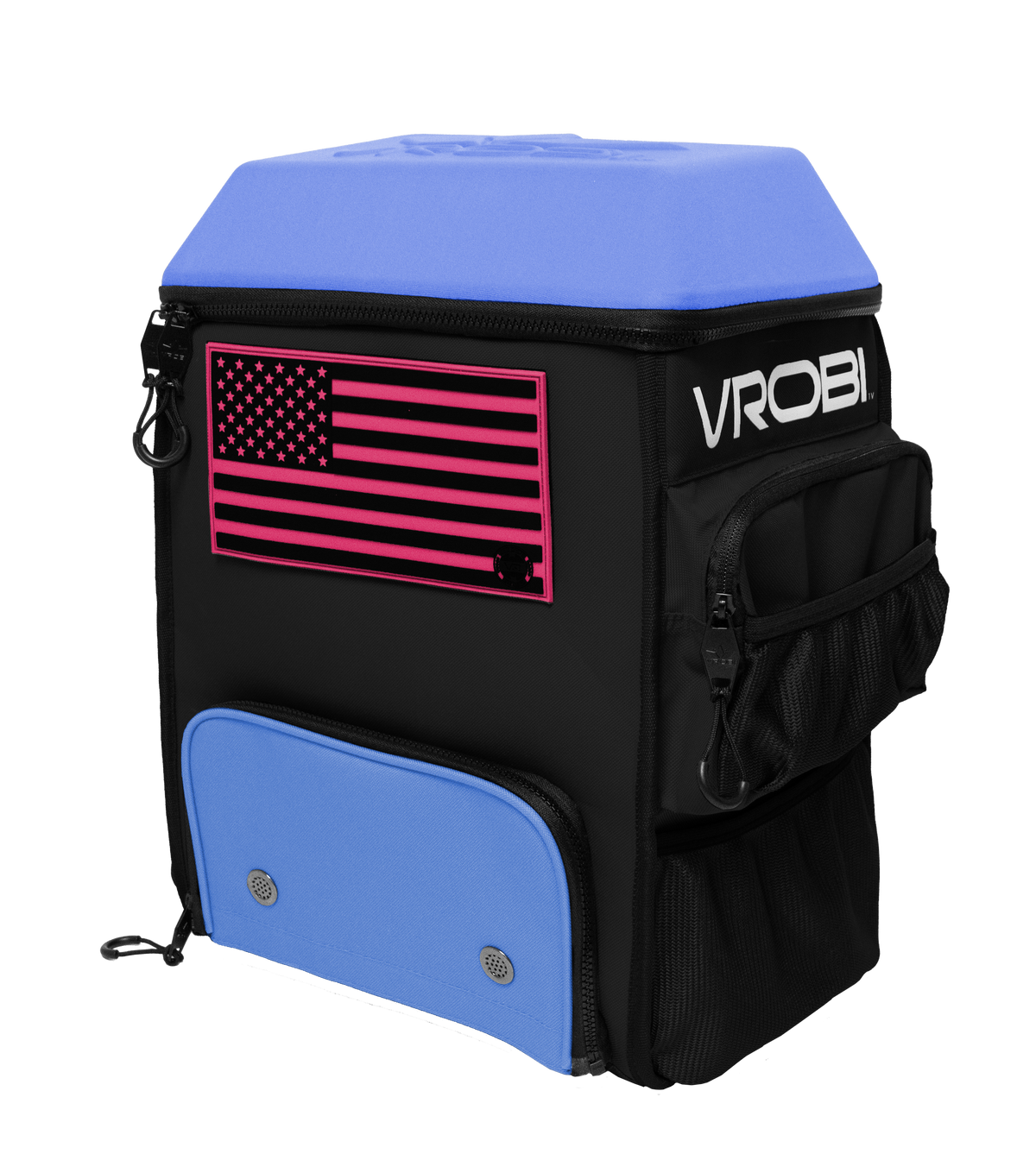 Black and blue backpack with American flag design and 'VROBI' branding on a white background