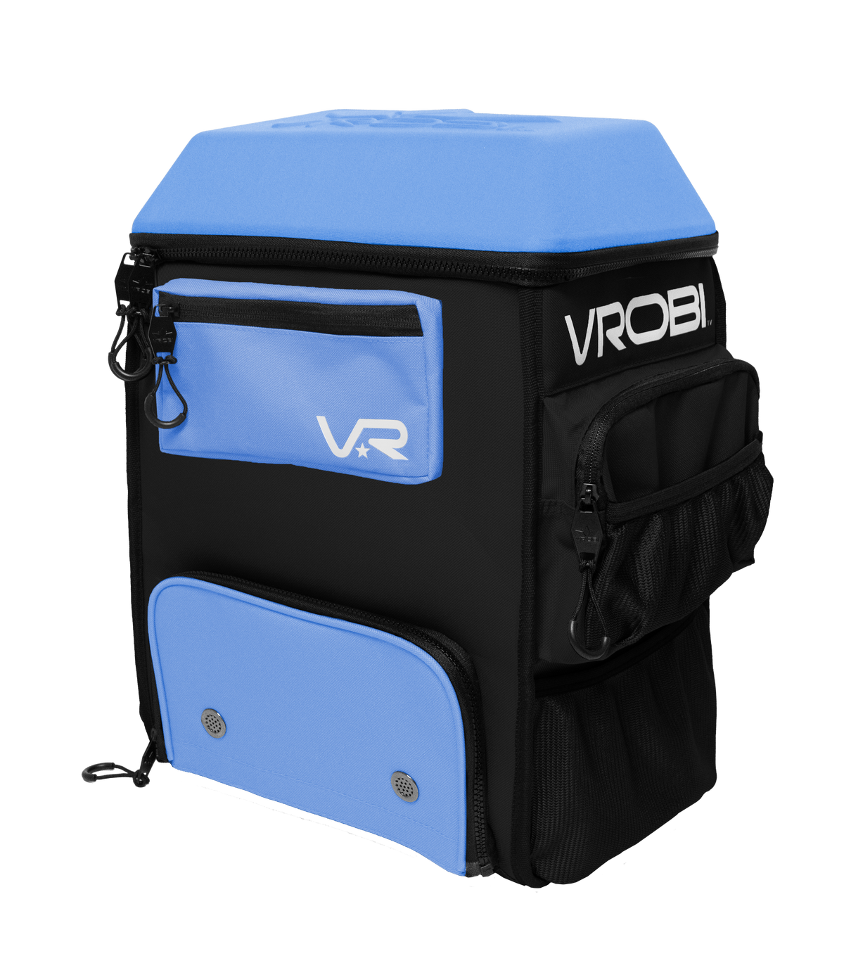 Black and blue backpack with 'VROBI' branding on a white background