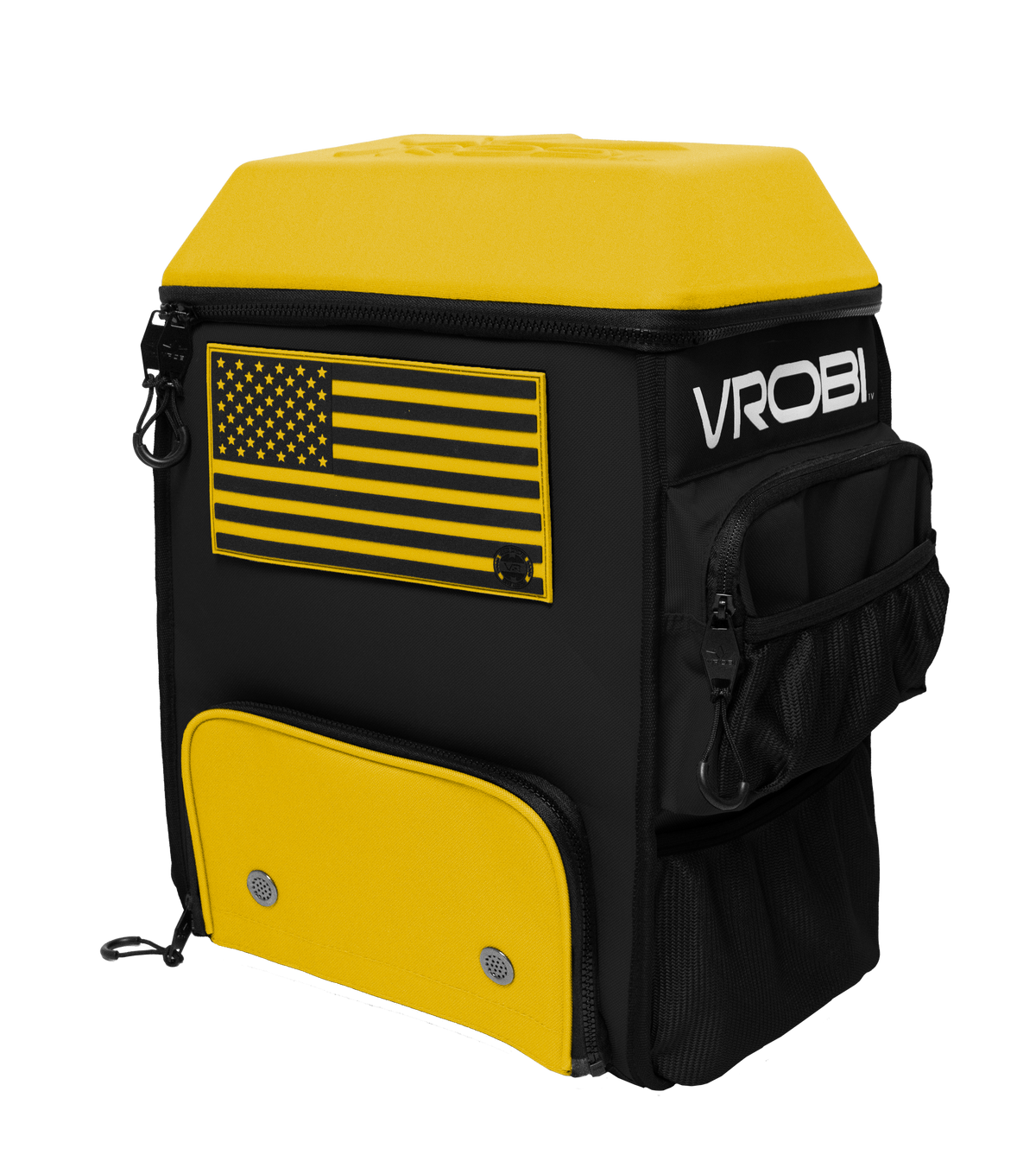 Black and yellow wrestling bag with American flag design and 'VROBI' branding on a white background