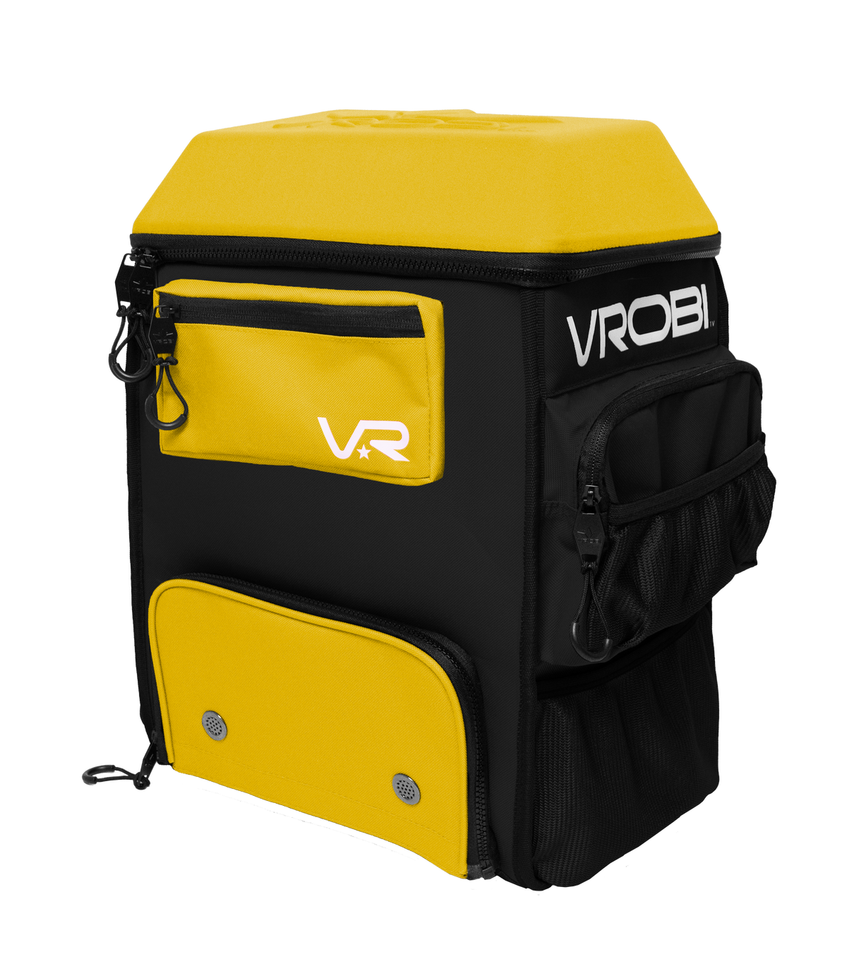 Black and yellow cooler bag with 'VROBI' branding on a white background