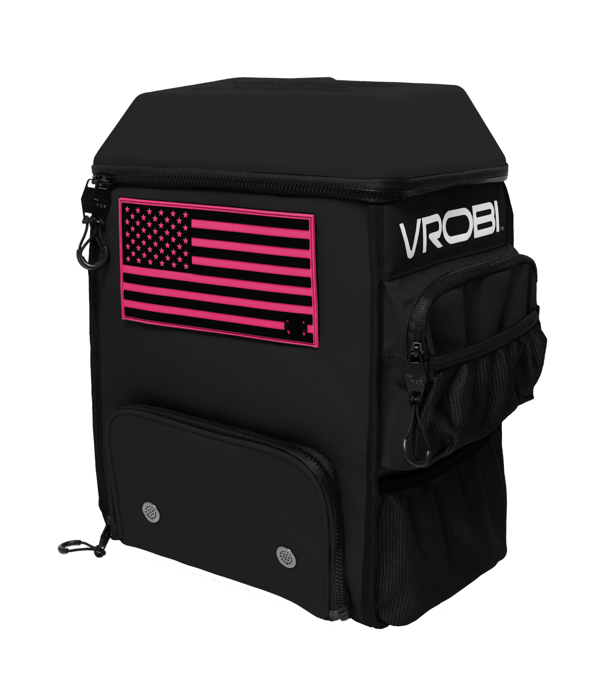 Black backpack with pink American flag design and 'VROBI' branding on a white background