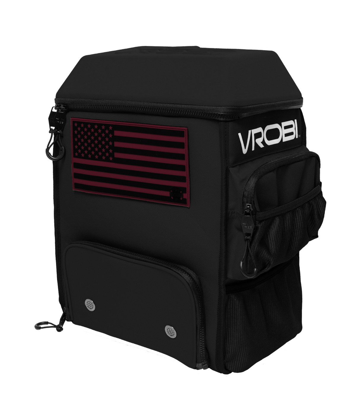Black backpack with American flag patch and 'VROBI' branding on a white background