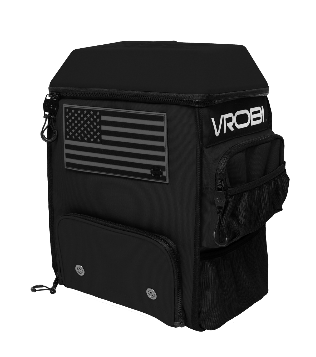 Black backpack with American flag patch and 'VROBI' branding on a white background