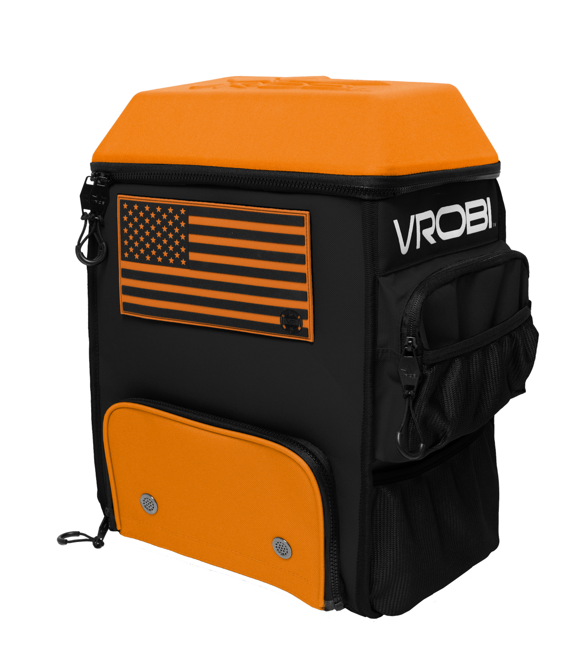 Black and orange backpack with American flag design and 'VROBI' branding on a white background