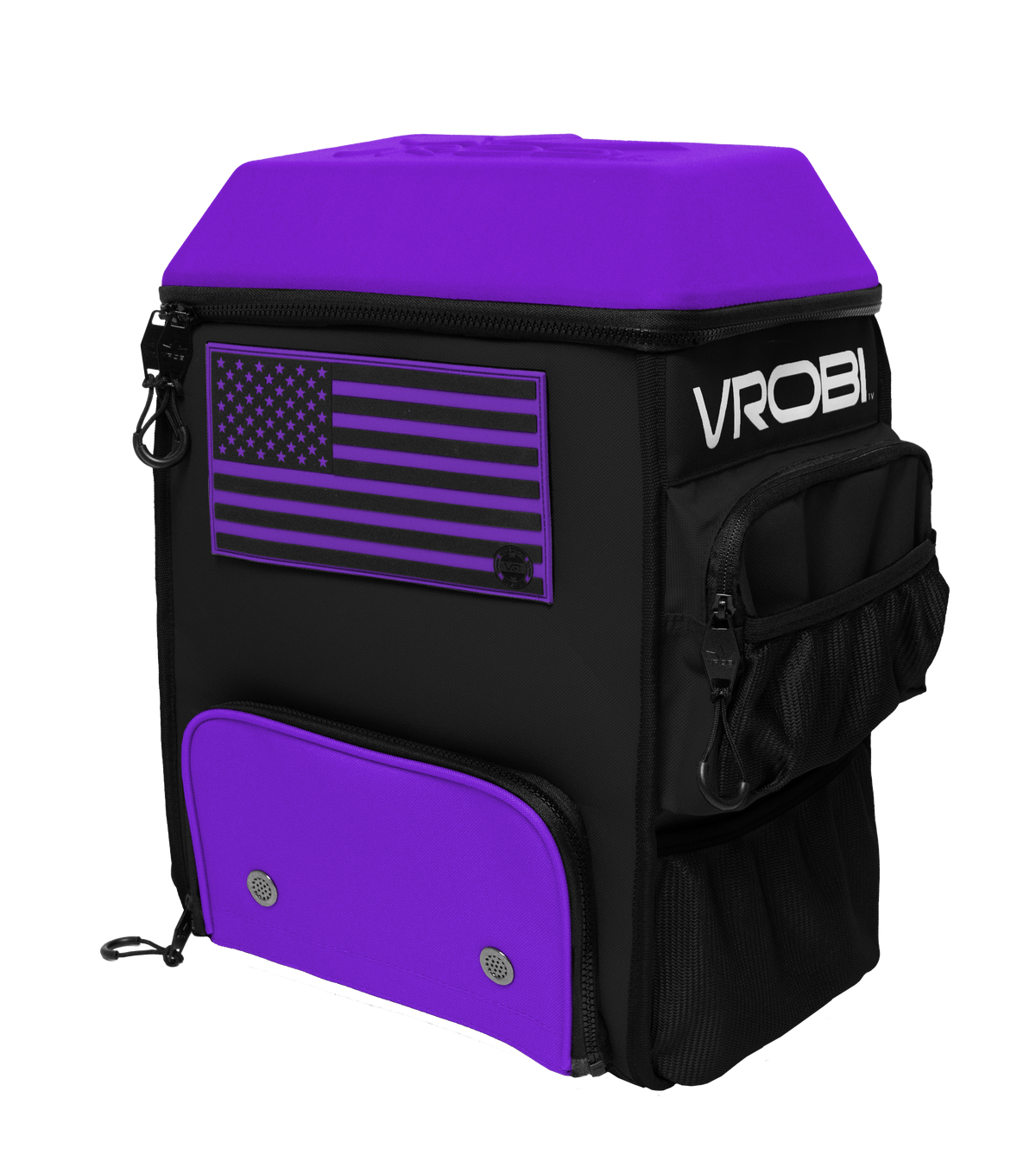 Black and purple backpack with American flag design and 'VROBI' branding on a white background