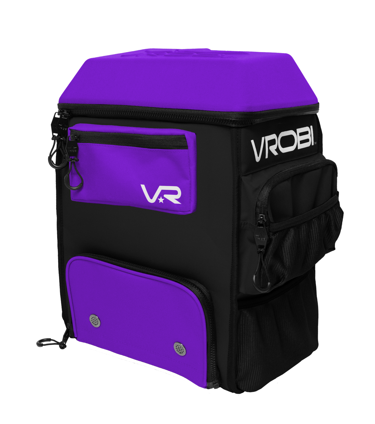Black and purple backpack with 'VROBI' branding on a white background