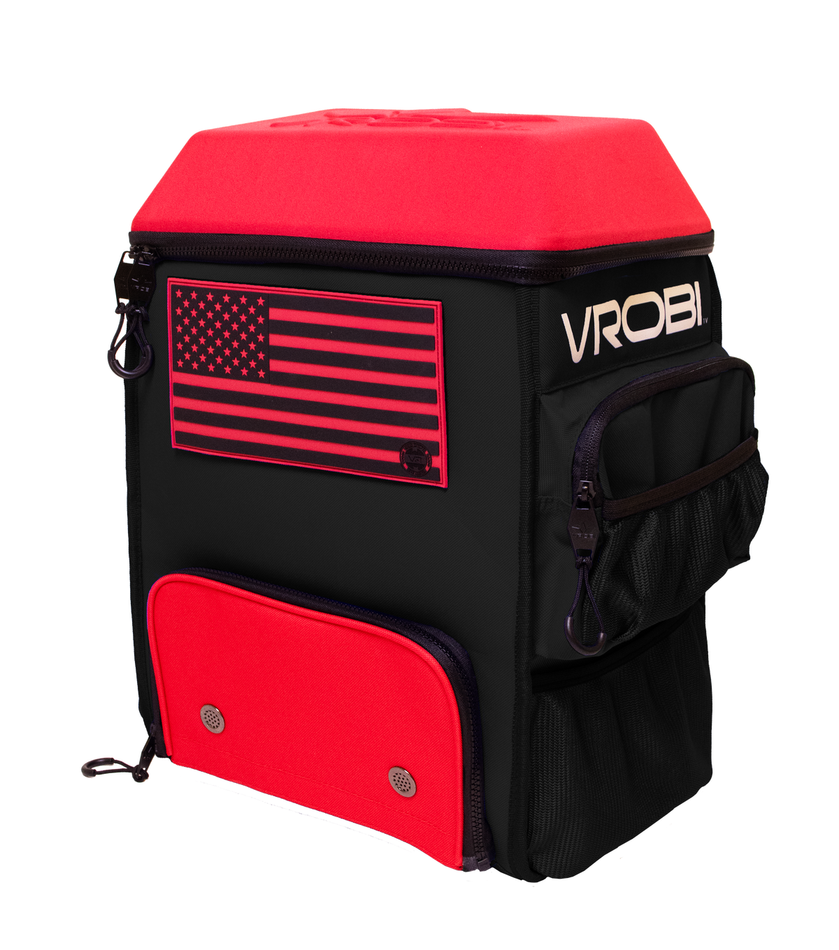 Black and red wrestling bag with American flag design and 'Vrobi' branding on a white background