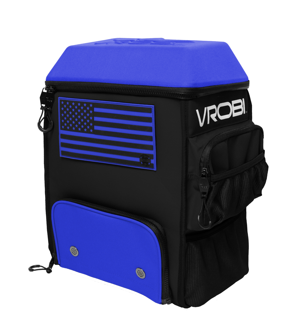 Black and blue wrestling bag with American flag design and 'Vrobi' branding on a white background