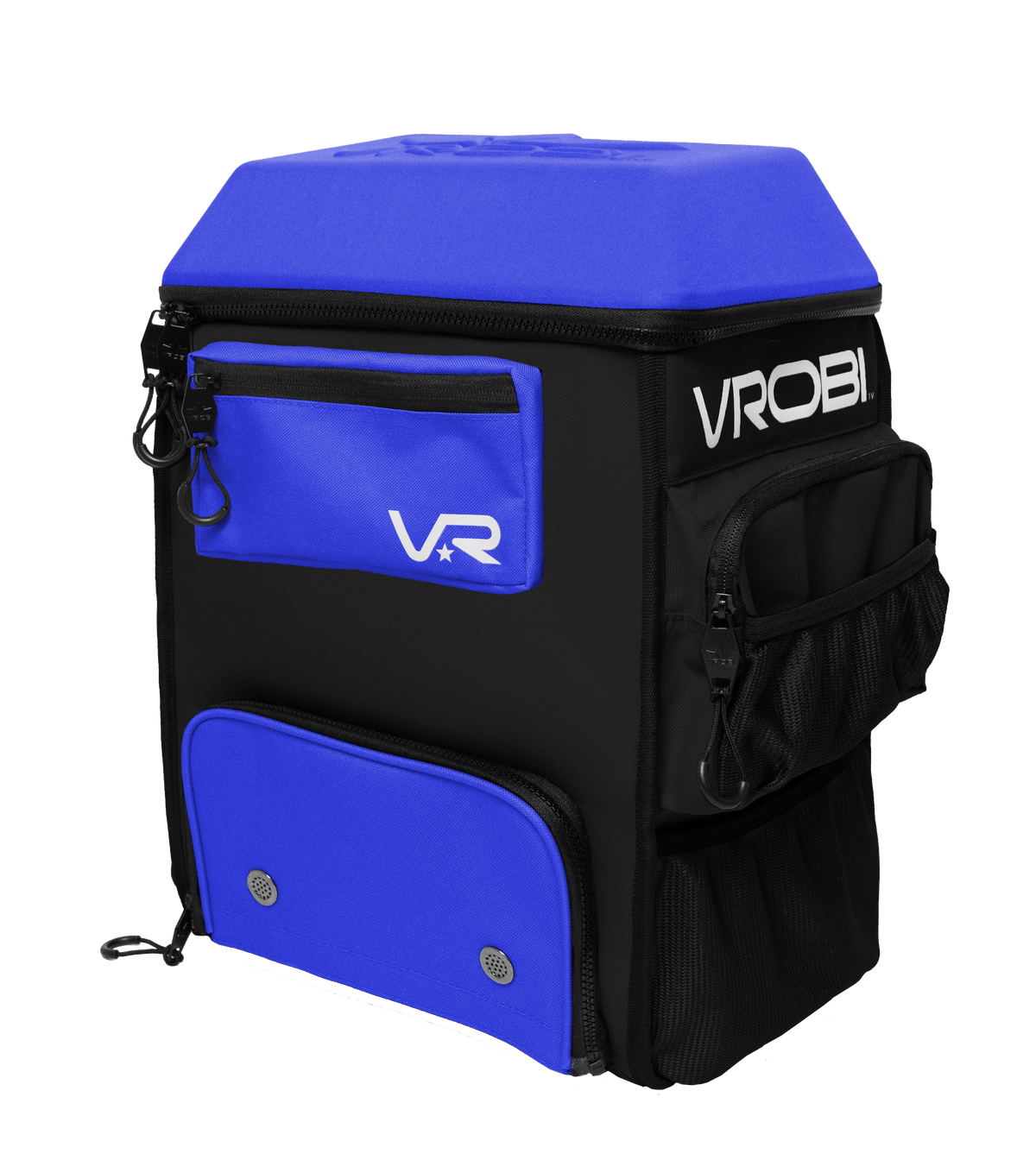 Black and blue backpack with VR branding on a white background