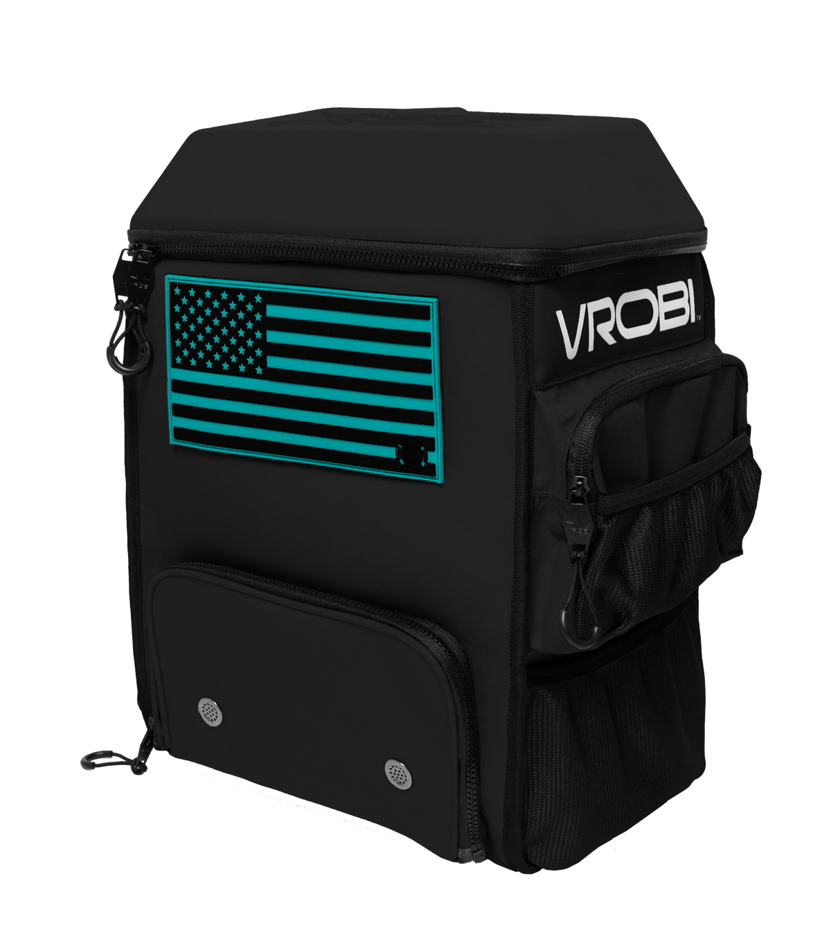 Black backpack with American flag design and 'VROBI' branding on a white background