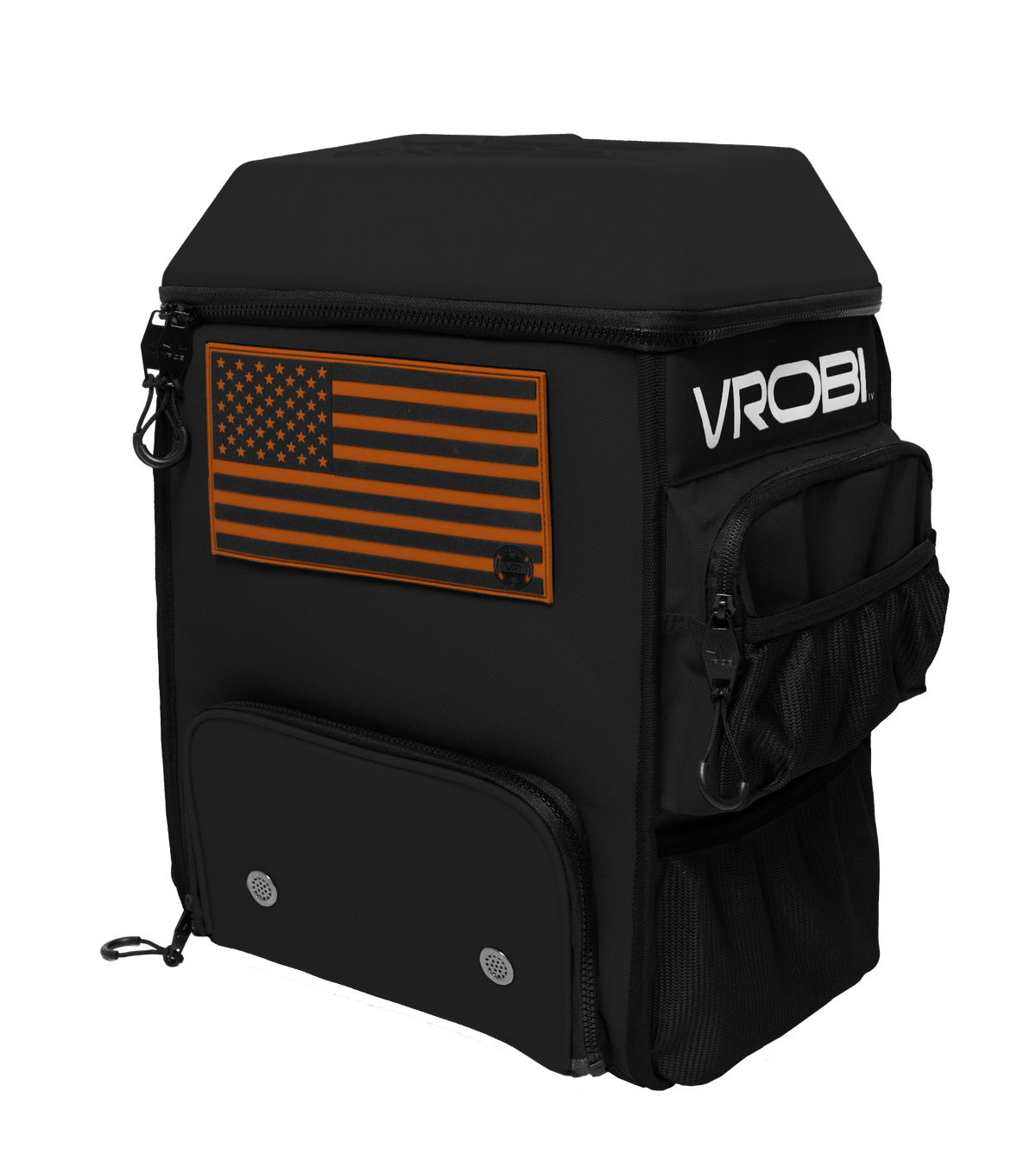 Black backpack with American flag patch and 'VROBI' branding on a white background