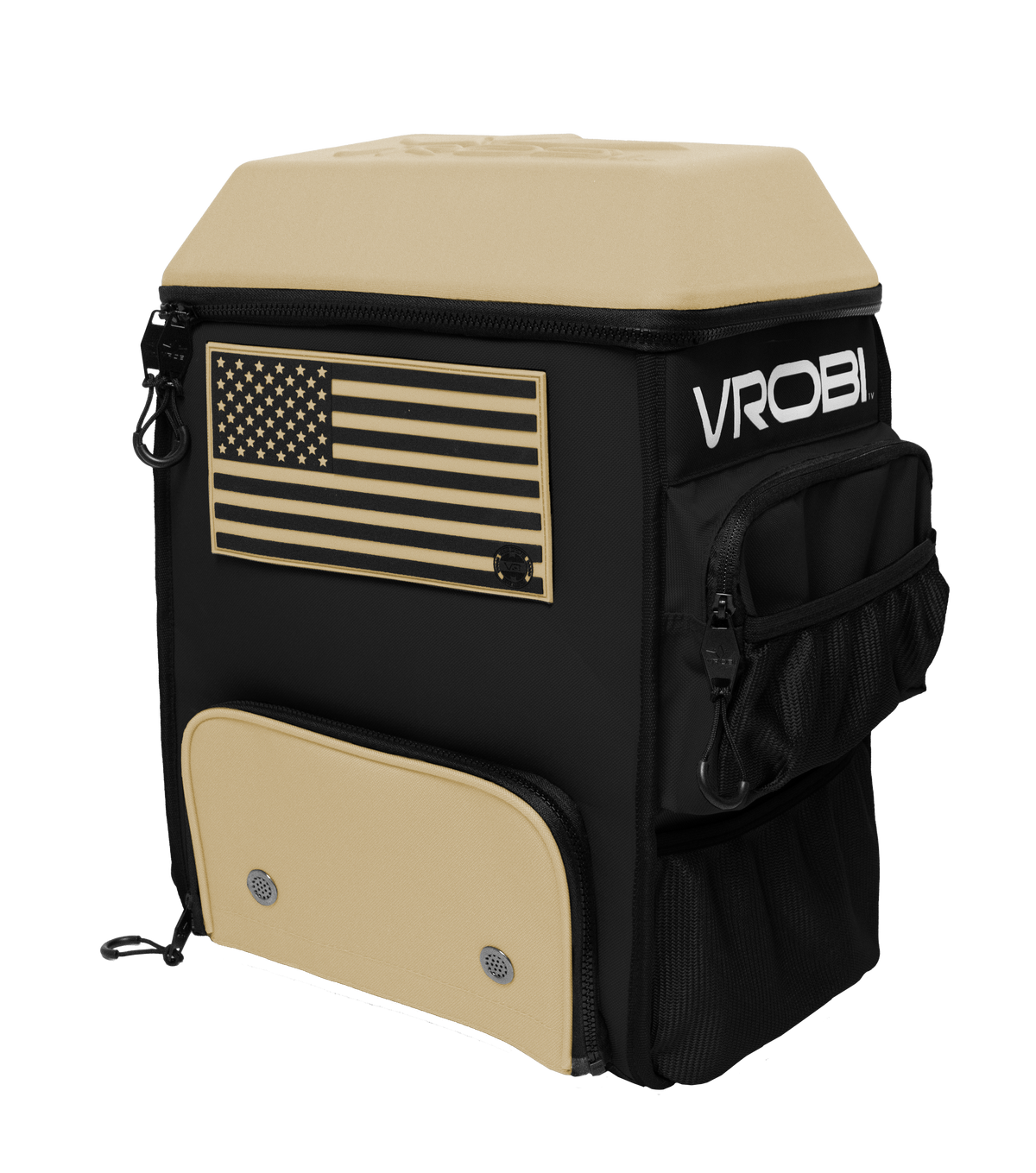 Black and Vegas Gold Wrestling bag with American flag design and 'VROBI' branding on a white background