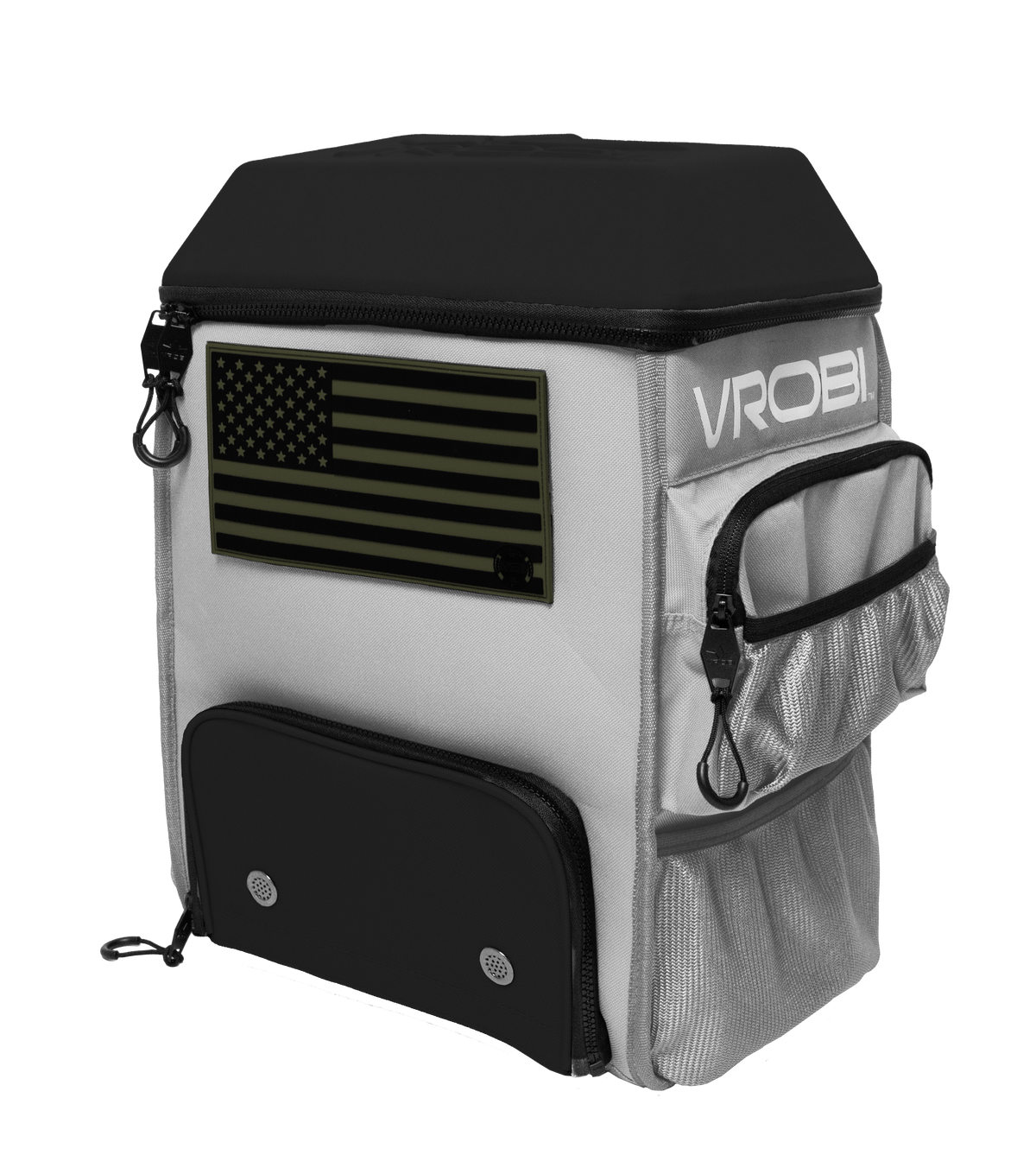 VROBI Backpack with American flag design and 'VROBI' branding on a white background