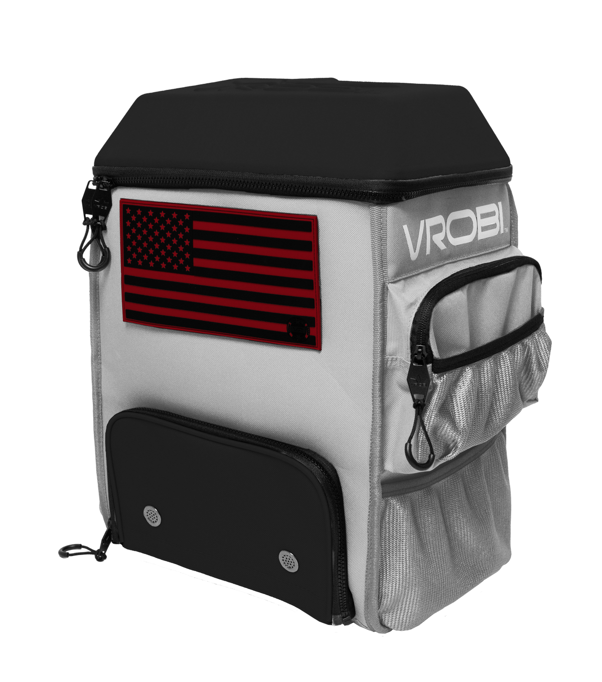 Backpack with American flag design and 'VROBI' branding on a white background