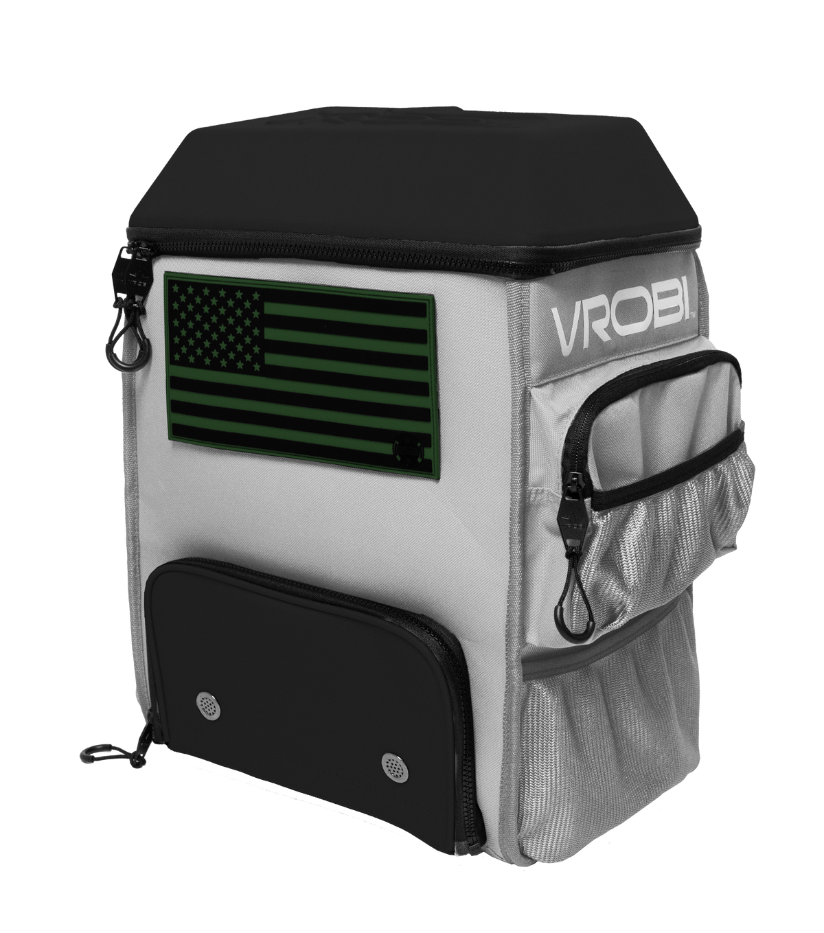 Backpack with American flag design and 'VROBI' branding on a white background