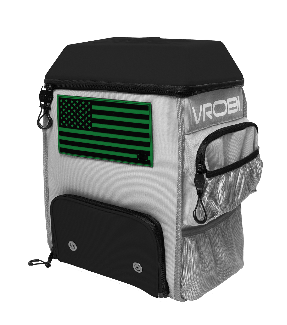 Backpack with American flag design and 'VROBI' branding on a white background