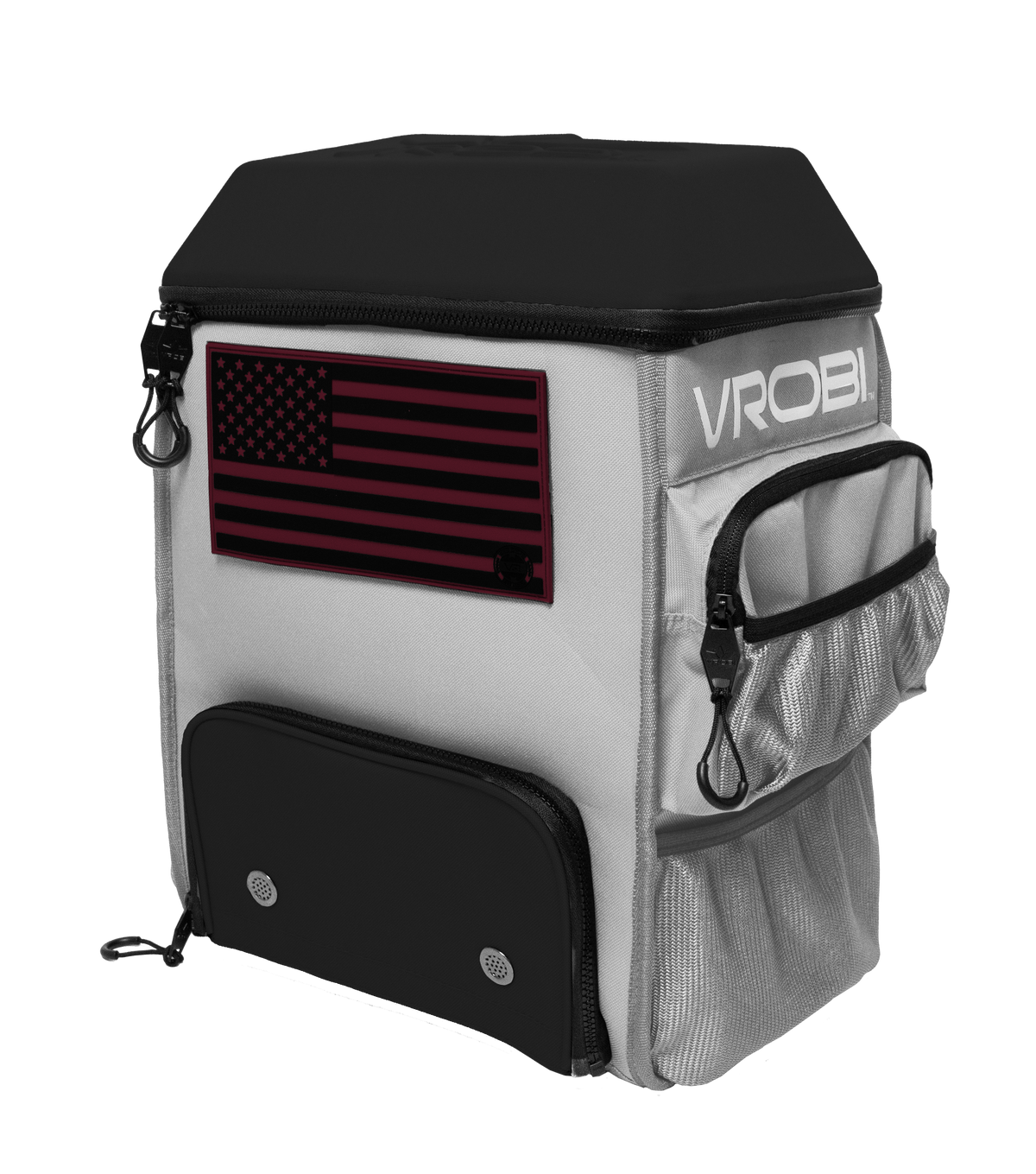 Backpack with American flag design and 'VROBI' branding on a white background