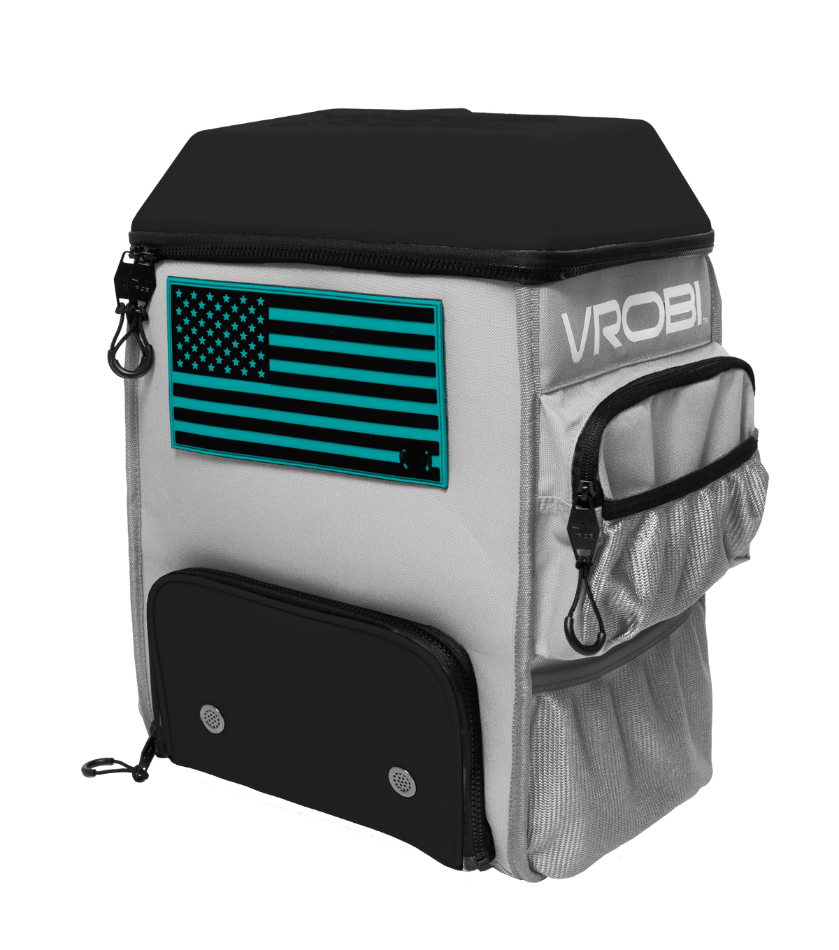Backpack with American flag design and 'VROBI' branding on a white background