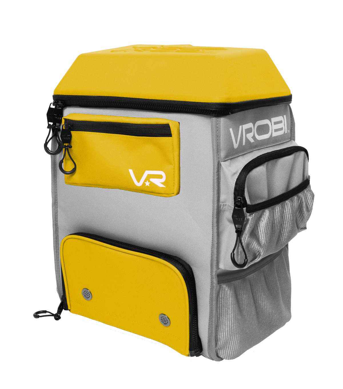 Yellow and gray backpack with VR logo on a white background