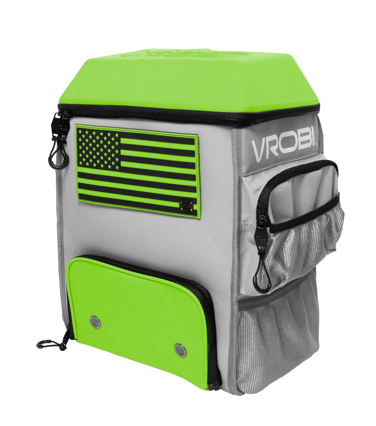 Backpack with green top, and American flag patch on a white background.