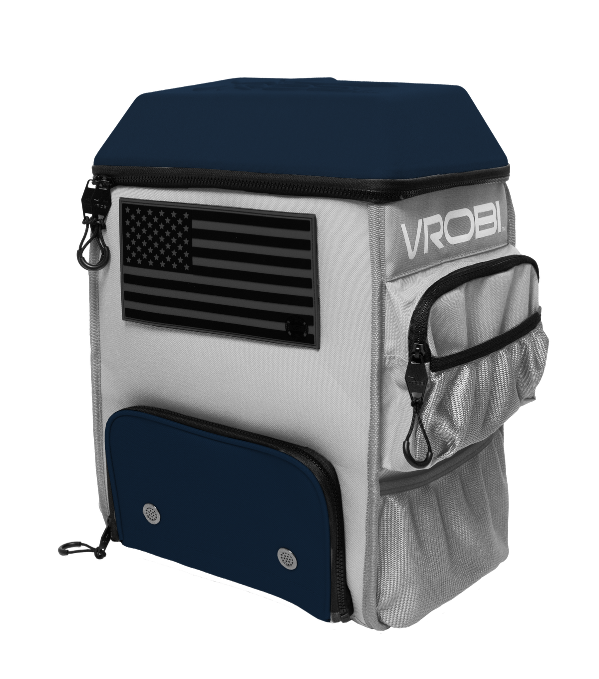 Backpack with American flag design and 'VROBI' branding on a white background
