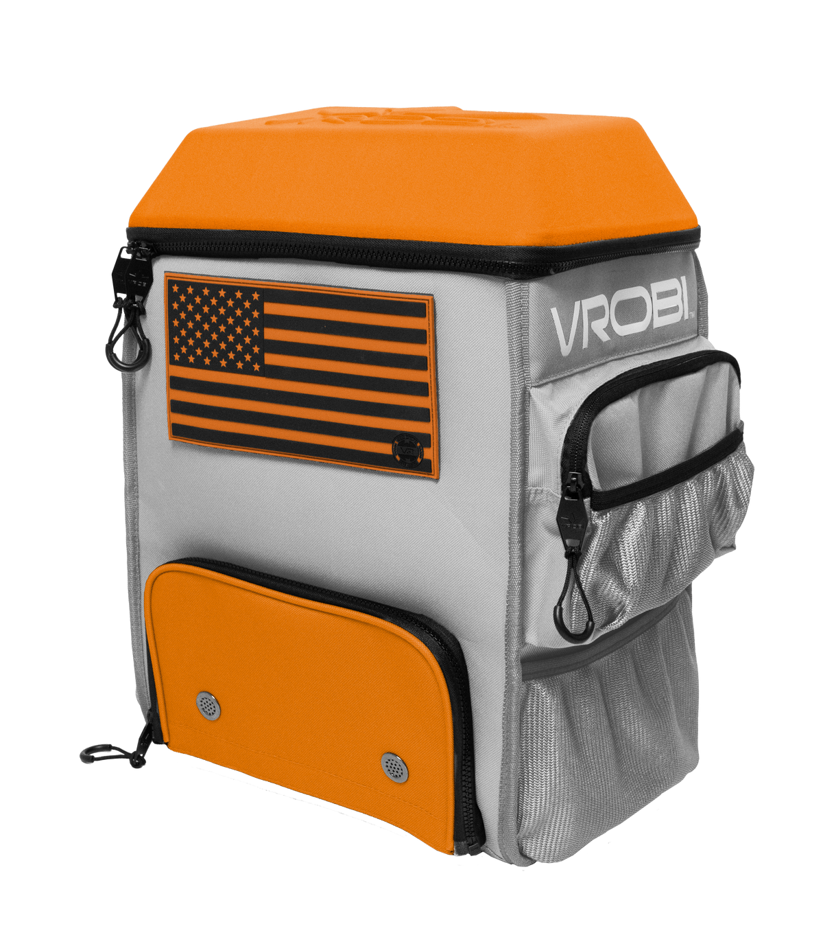Backpack with American flag design and 'VROBI' branding on a white background