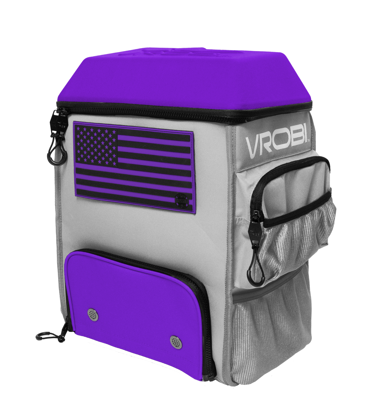 Backpack with American flag design and 'VROBI' branding on a white background