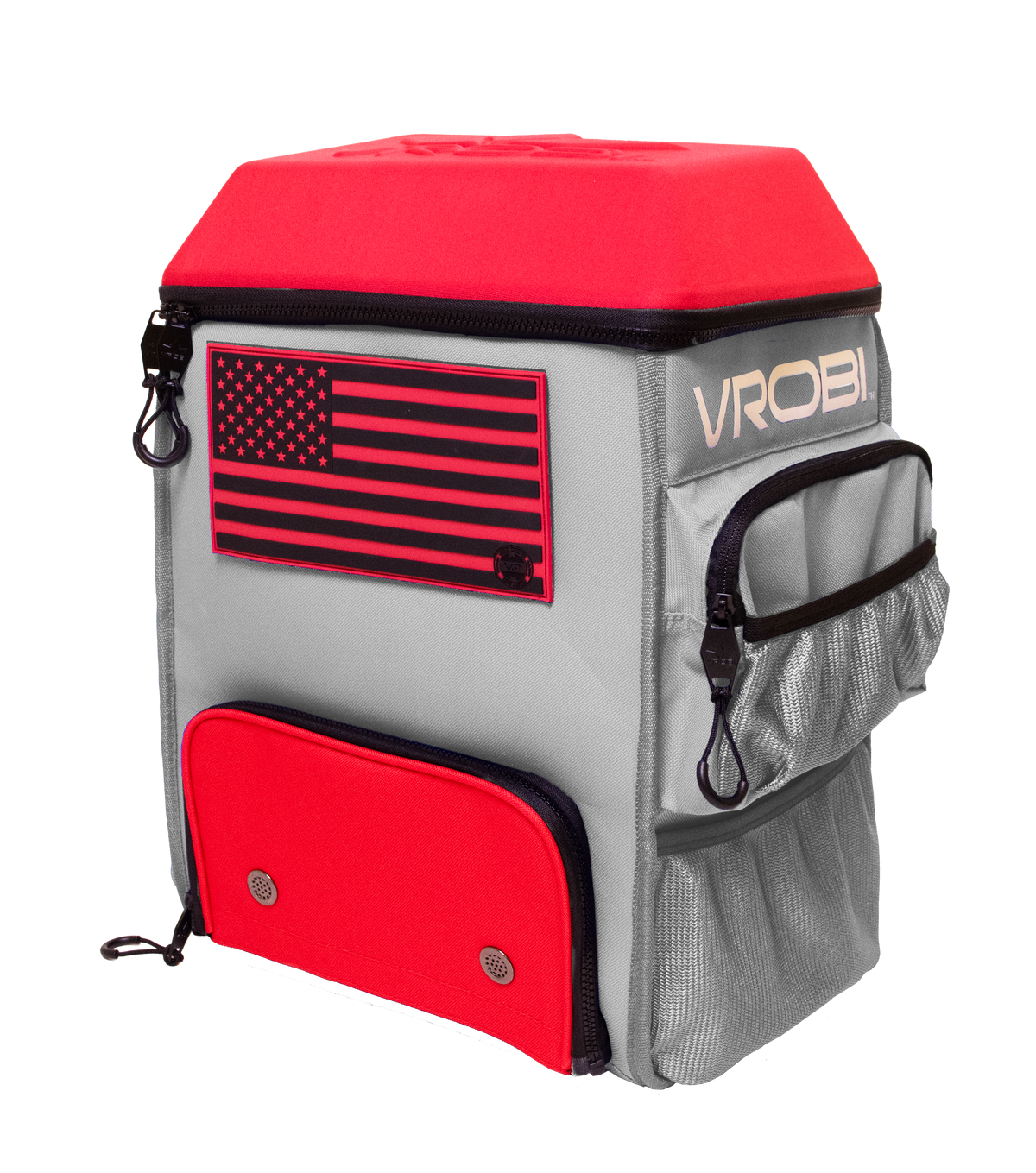 Backpack with American flag design and 'VROBI' branding on a white background