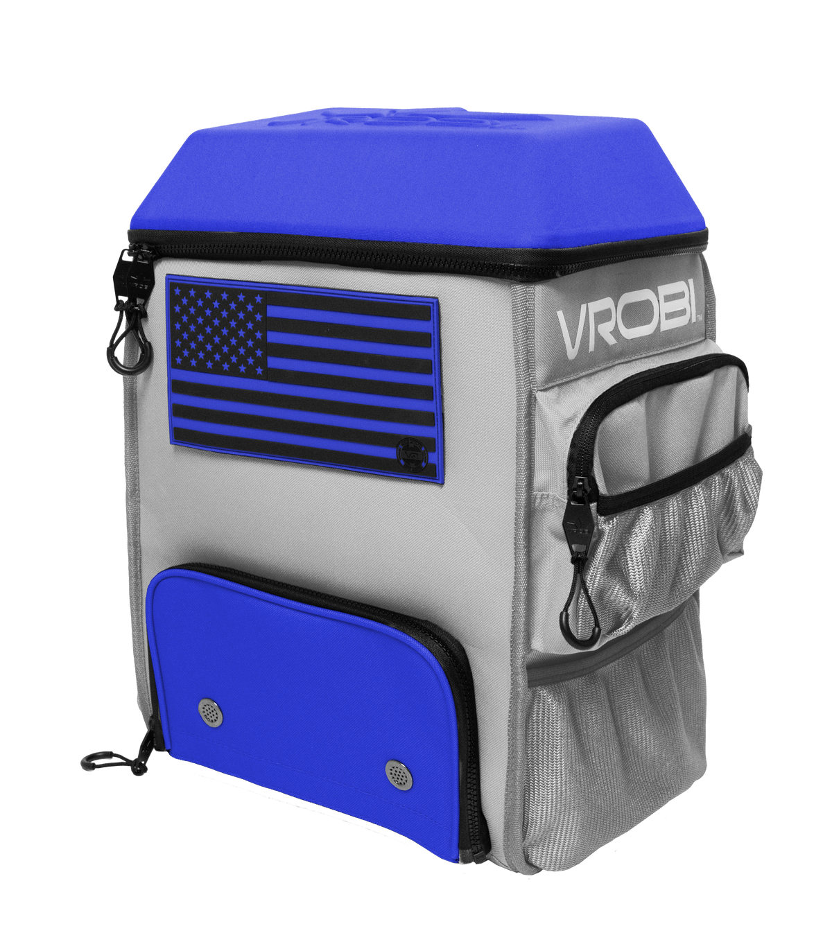 Backpack with American flag design and 'VROBI' branding on a white background