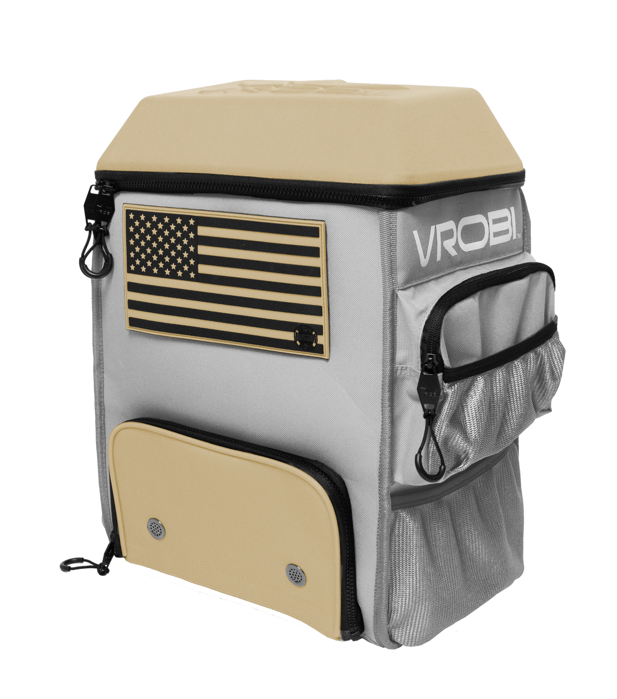 Backpack with American flag patch and 'VROBI' branding on a white background