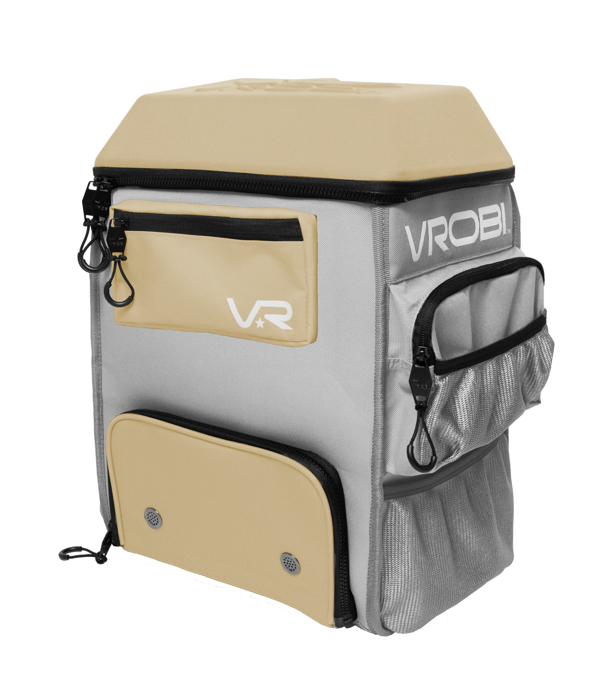 Backpack with vegas gold and gray design, featuring 'VROBI' branding on a white background.
